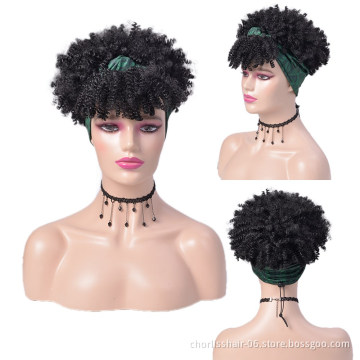 Wholesale Ombre Black  Short Turban Wig Afro Headband Wig Kinky Curly Synthetic Wig With Headband Attached For Black Women